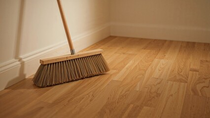 Bright broom cleaning wooden floor inside