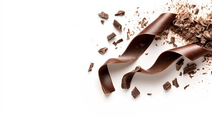 Fototapeta premium Close up of a high dark chocolate bar with shavings and broken pieces scattered around it on a plain background