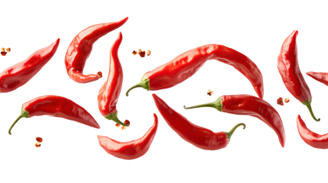 Assorted bright red chili peppers including various types like jalapeno habanero and cayenne scattered against a clean white backdrop