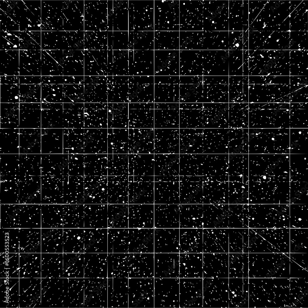 Poster abstract black background with white specks and grid lines creating a perspective view looking into 