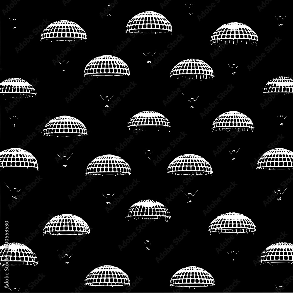 Leinwandbilder A repeating pattern of white dome shaped objects with grid like structures on a black background image
