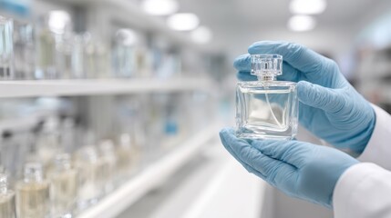 A person in gloves holds a clear perfume bottle in a well-lit lab setting.