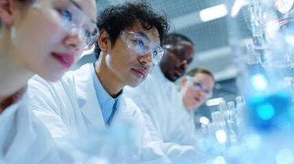 Lab professionals collaborate on scientific research, focusing intently on experiments and data analysis.
