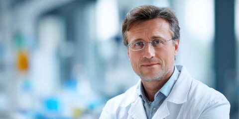Fototapeta premium Professional scientist in lab coat smiling, with a blurred laboratory background suggesting research and innovation.