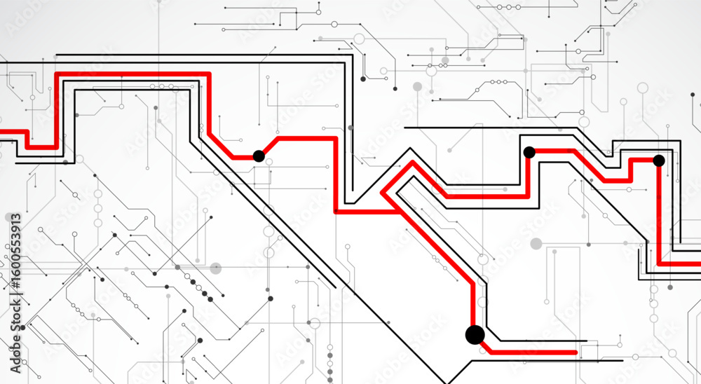 Poster Digital circuit visualization vector background. Pattern with interconnected lines, nodes.
