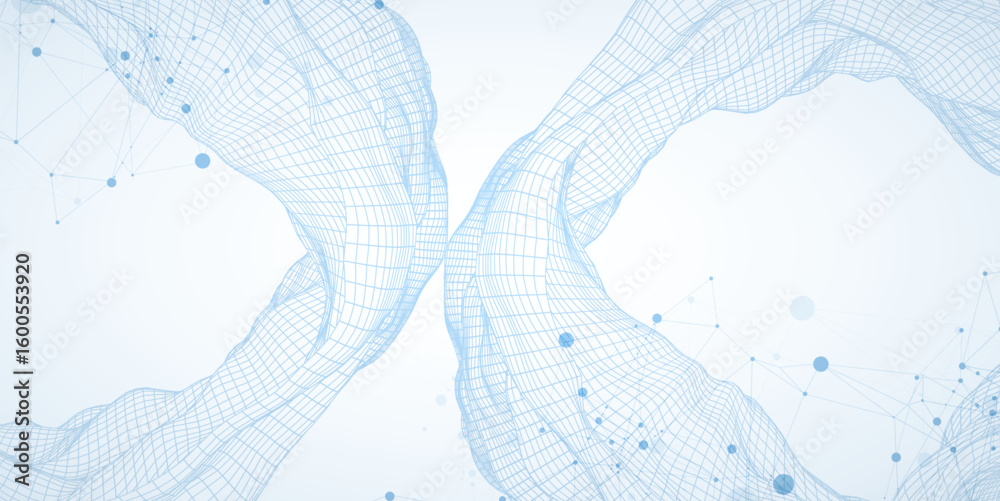 Poster Template for science or technology presentation. Plexus style background with wireframe wave.