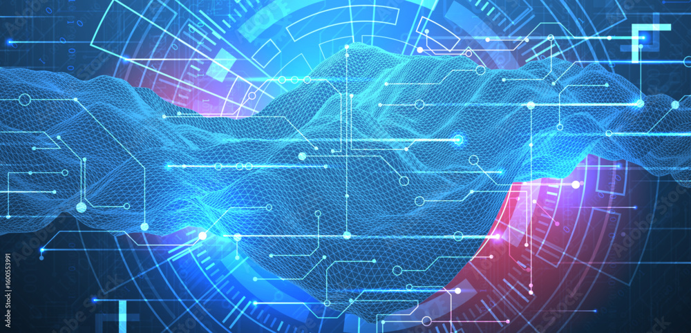 Poster Abstract data background with wireframe wave and circuit lines. Technology concept. Vector