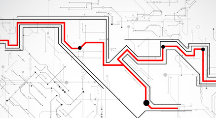 Digital circuit visualization vector background. Pattern with interconnected lines, nodes.