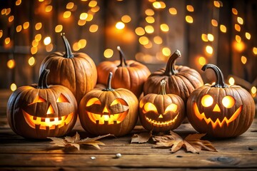 Fototapeta premium A diverse collection of carved jackolantern pumpkins with glowing faces are arranged on a wooden table illuminated by warm string lights