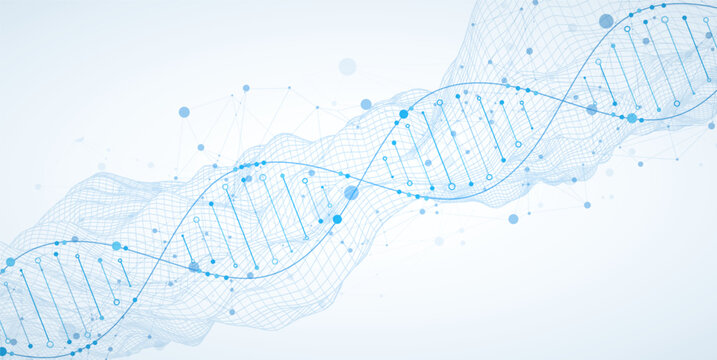 Abstract image of DNA molecule on wireframe wave. Scientific vector background.