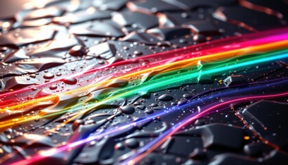 a luxury lgbt pride background with pearlized surfaces and soft pride glow, in obsidian tone with luminous rainbow lines, used in vip sponsorship decks.