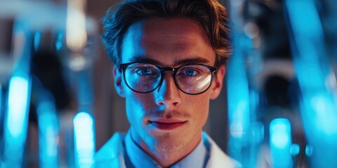 A focused scientist in a lab with blue lighting, wearing glasses and a lab coat.