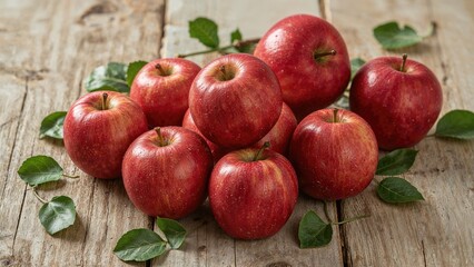 Juicy apples placed on a natural wooden backdrop