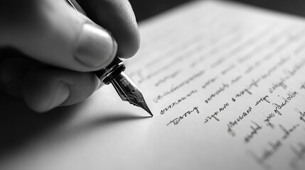 A hand writing with an ink pen on white paper