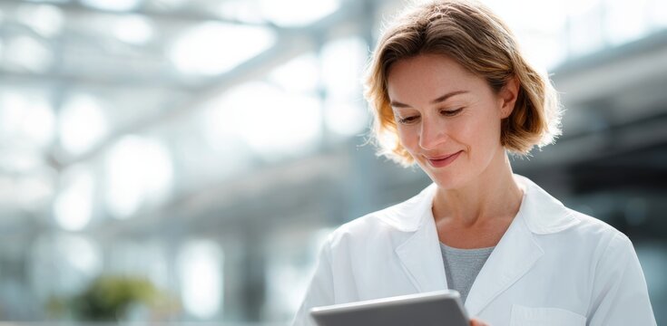 A smiling woman in a lab coat uses a tablet in a bright, modern environment.