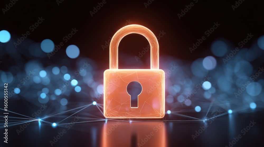 Poster glowing padlock symbolizing security and protection of digital data on network. this technology conc