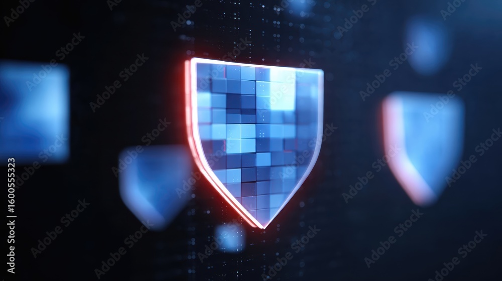 Poster digital shield icon for cybersecurity and network protection technology. this futuristic symbol prov