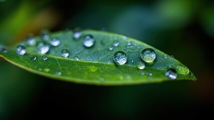 Close-up of water droplets on the edge of a green leaf, macro photography, blurred background