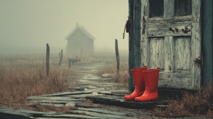 Red boots standing at edge of a weathered boathouse on a foggy morning