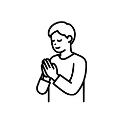 Illustration of a man with hands clasped in prayer in black outline on a white background vector art