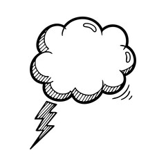 Hand drawn cartoon thunderstorm with cloud and lightning bolt Hand drawn vector illustration isolated on white background