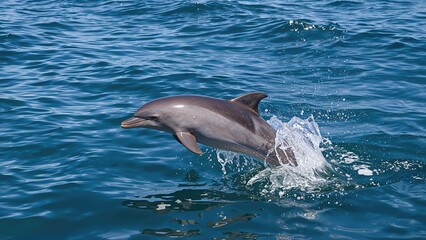 Short-beaked Common Dolphin leaping from the Atlantic Ocean with splashes against a vibrant blue background during daylight at sea