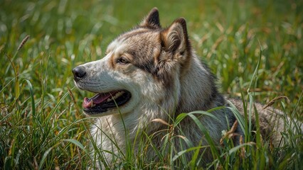 Large adult male Malamute dog resting on vibrant green grass seen from the side