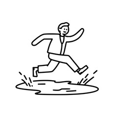 Fototapeta premium Man in suit jumping over puddle with splashing water depicted in a simple black and white outline style