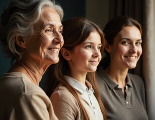 Happy attractive old 65s woman standing in row with young adult 30s daughter and little 7s granddaughter smiling look straight side profile faces view Three generations family portraits close up 