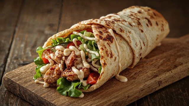 Wooden background displaying chicken shaurma roll in pita with fresh vegetable and cream sauce mix