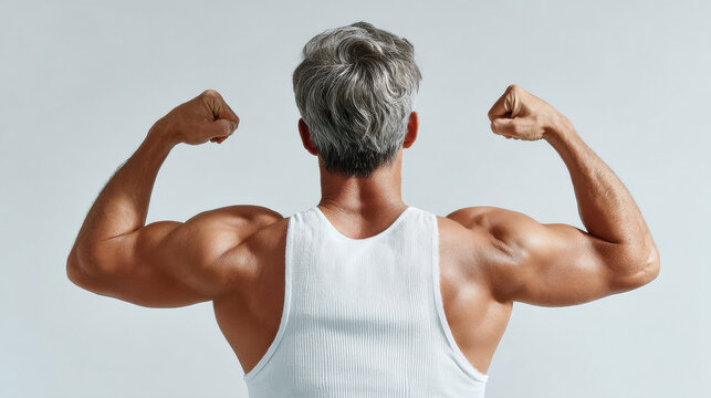 Muscular man flexing back muscles in white tank top showing strength and fitness with gray hair and tanned skin in studio setting