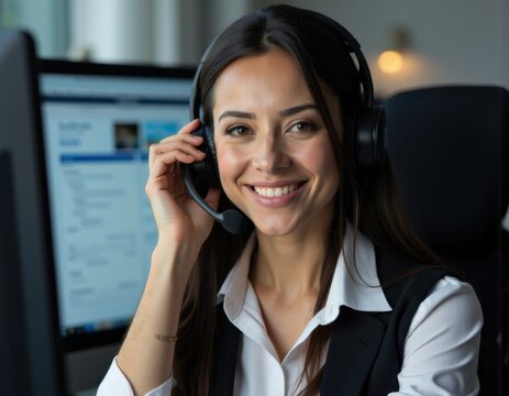 Happy customer contact center employee posing at workplace touching headset with microphone looking at camera smiling Positive Latin businesswoman support service operator portrait  capture subj