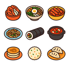 Vector illustration of nine popular Korean dishes. Includes kimchi, bibimbap, tteokbokki, japchae, kimbap, kimchi jjigae, hotteok, fried rice, and mandu.