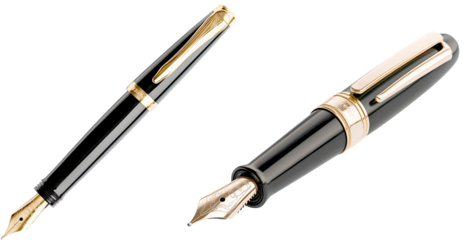 A sleek and sophisticated glossy black fountain pen with a lustrous gold trim designed for professional writing and elegant correspondence