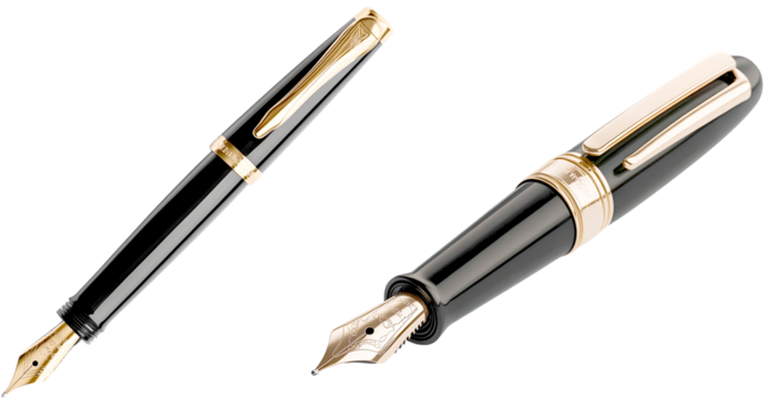 A sleek and sophisticated glossy black fountain pen with a lustrous gold trim designed for professional writing and elegant correspondence