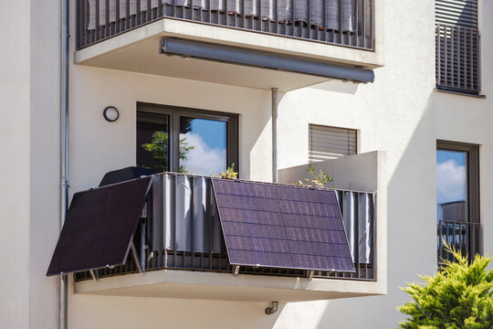 Solar Panels on Modern Balcony of Apartment Building. Balcony Solar for Strata Apartment Building.
