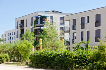 Residential Apartment Building with Urban Landscape Green Courtyard. Modern Facade Exterior...