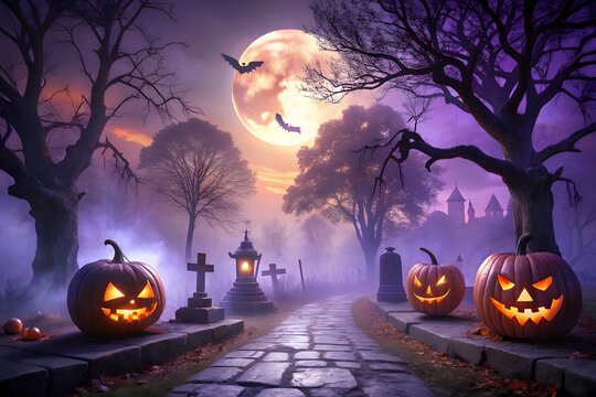 A spooky halloween scene with glowing jackolanterns lining a cobblestone path through a misty graveyard under a full moon