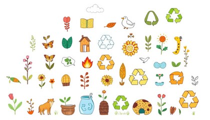 A whimsical collection of hand-drawn ecology and recycling icons, featuring plants, animals, and recycling symbols,  compost,  clean