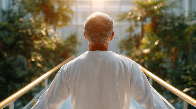 Older adult walking between parallel bars in bright rehabilitation center with natural light and green plants, showing determination and focus during physical therapy