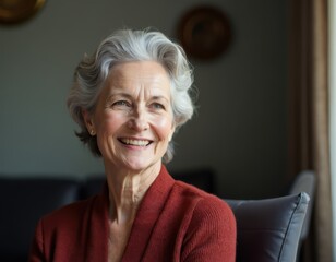 Head shot portrait 60 years old smiling grey haired lady on retirement looking at camera making video call enjoying happy life Profile picture of beautiful stylish middle aged woman in social network