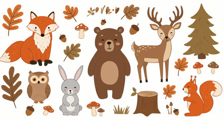 Fototapeta premium Illustration of woodland animals including a fox, bear, deer, squirrel, owl, and rabbit, along with trees, leaves, acorns, and mushrooms.