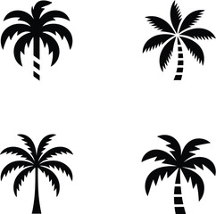 Four stylized black silhouette palm trees on a white background