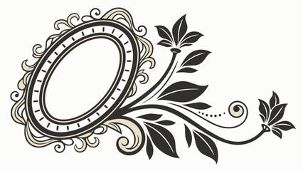 Oval frame with floral embellishments and decorative swirls in black and beige color scheme design art