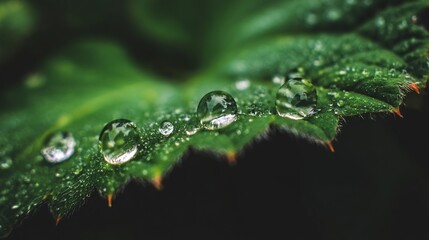 Close-up of water droplets on the edge of a green leaf, macro photography, blurred background