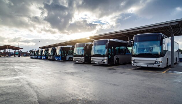 Sleek contemporary bus terminal with wide-open bus bays under a clear blue sky, featuring clean architectural lines and visible signage&mdash;perfect for urban transportation and infrastructure themes.