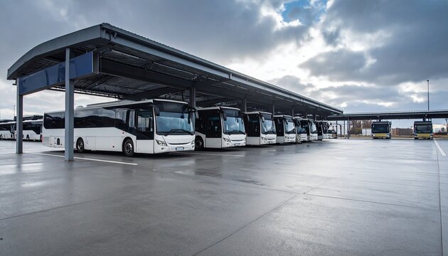 Sleek contemporary bus terminal with wide-open bus bays under a clear blue sky, featuring clean architectural lines and visible signage&mdash;perfect for urban transportation and infrastructure themes.