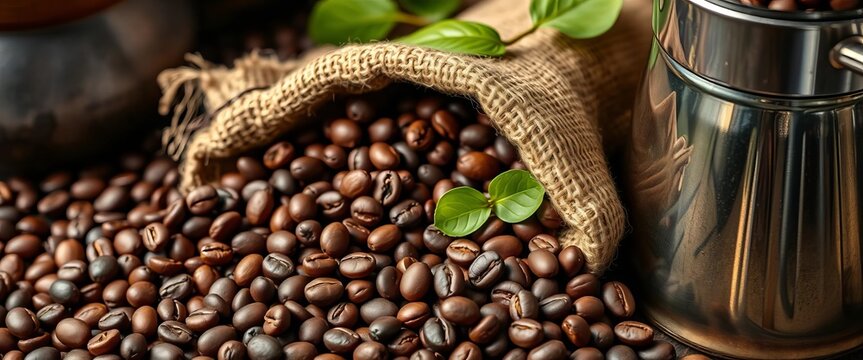 Close-up of fresh coffee beans, burlap sack, and brewing equipment, delicious, aroma
