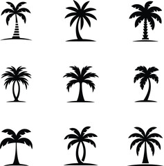 Collection of nine distinct black silhouette palm trees on white background