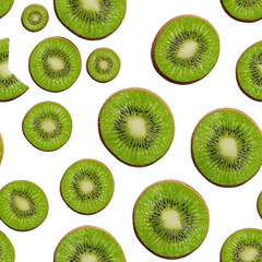 Fototapeta premium Fresh kiwi slices scattered across a clean transparent background for a healthy pattern